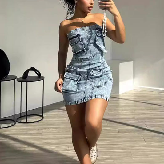 Strapless Slim-Fit 3D Pocket Dress