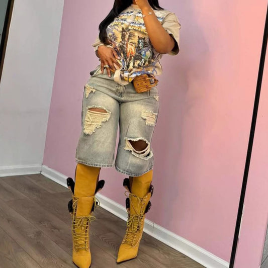 Vintage Washed Distressed Straight Wide-Leg Jeans