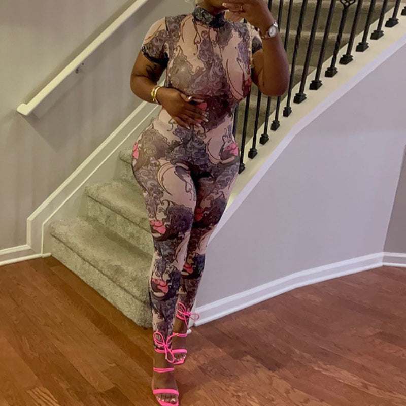 Fashionabl  mesh see through printed backless jumpsuit