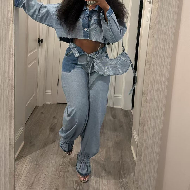 Casual Color-Block Denim Set