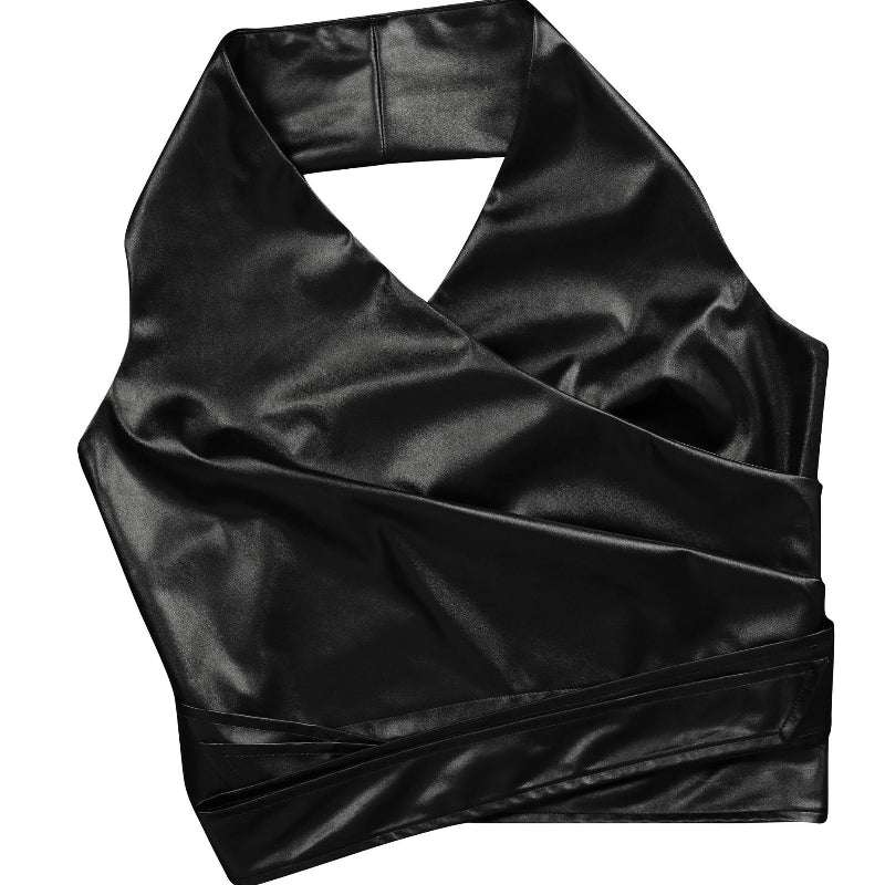 Sleeveless Halter Neck Sexy Leather Set