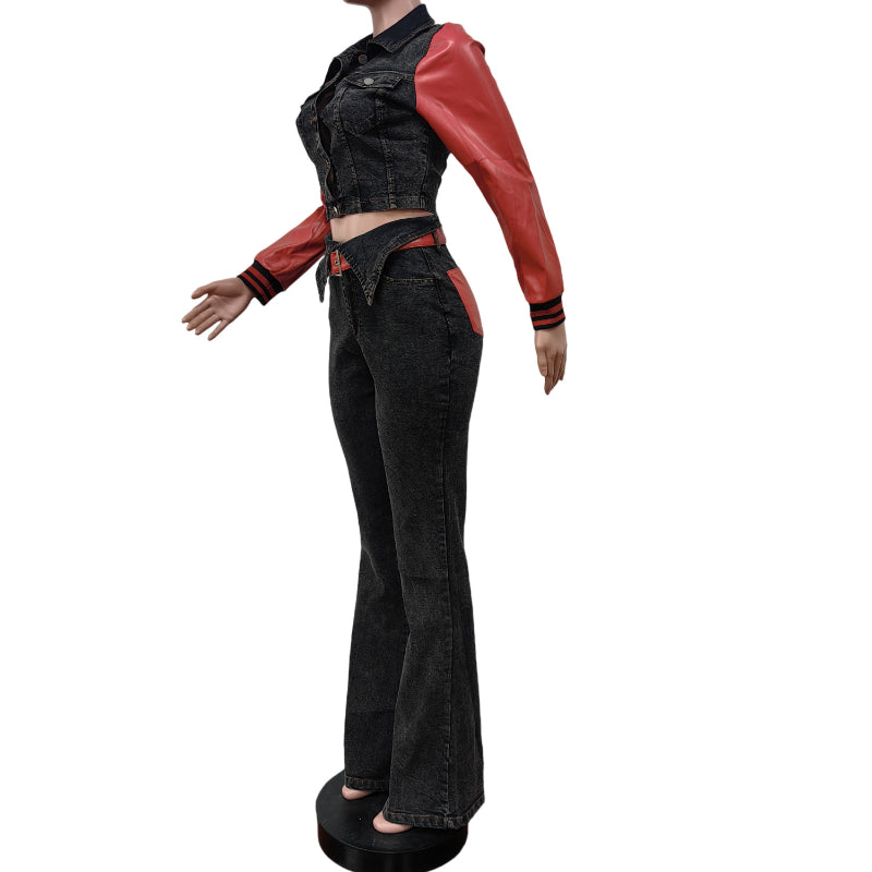 Leather  PU  Denim Patchwork Stretch Pants