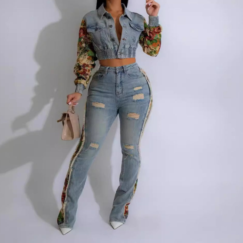 Vintage Denim Jeans with Lace Trim Set