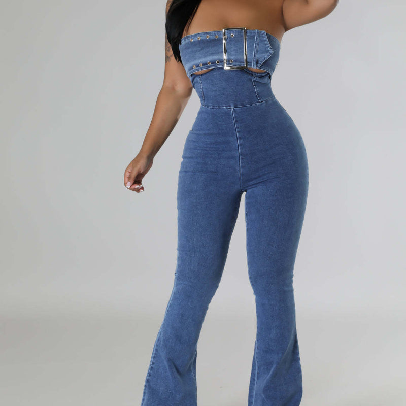 Bandeau backless drawstring denim jumpsuit