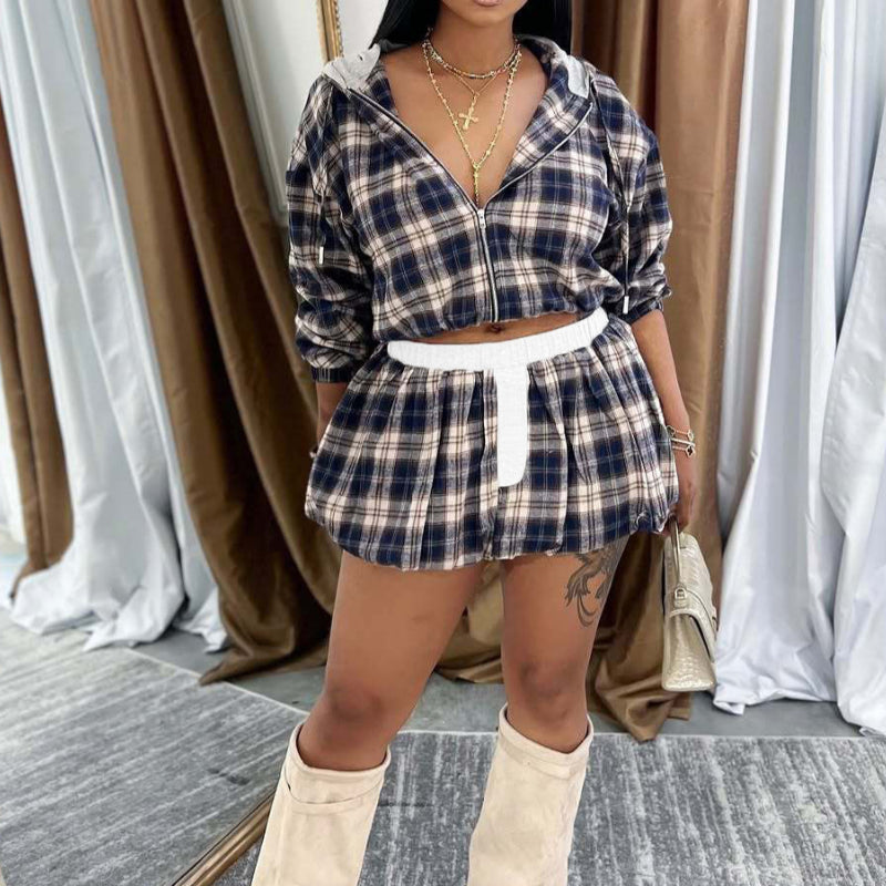 Plaid Print Zipped Peplum Skirt Set