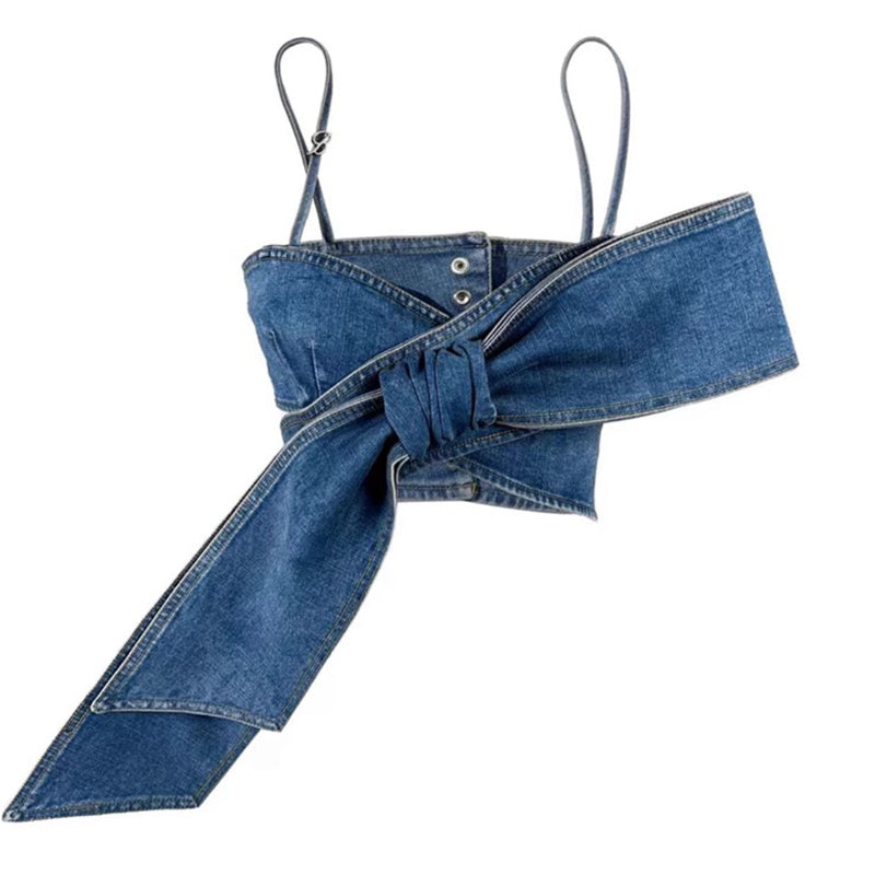 Bow bandeau distressed jeans set