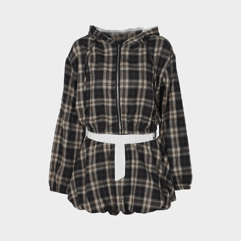 Plaid Print Zipped Peplum Skirt Set