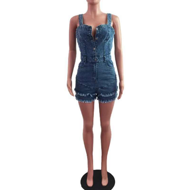 Fitted Raw-Hem Fringe Denim Jumpsuit
