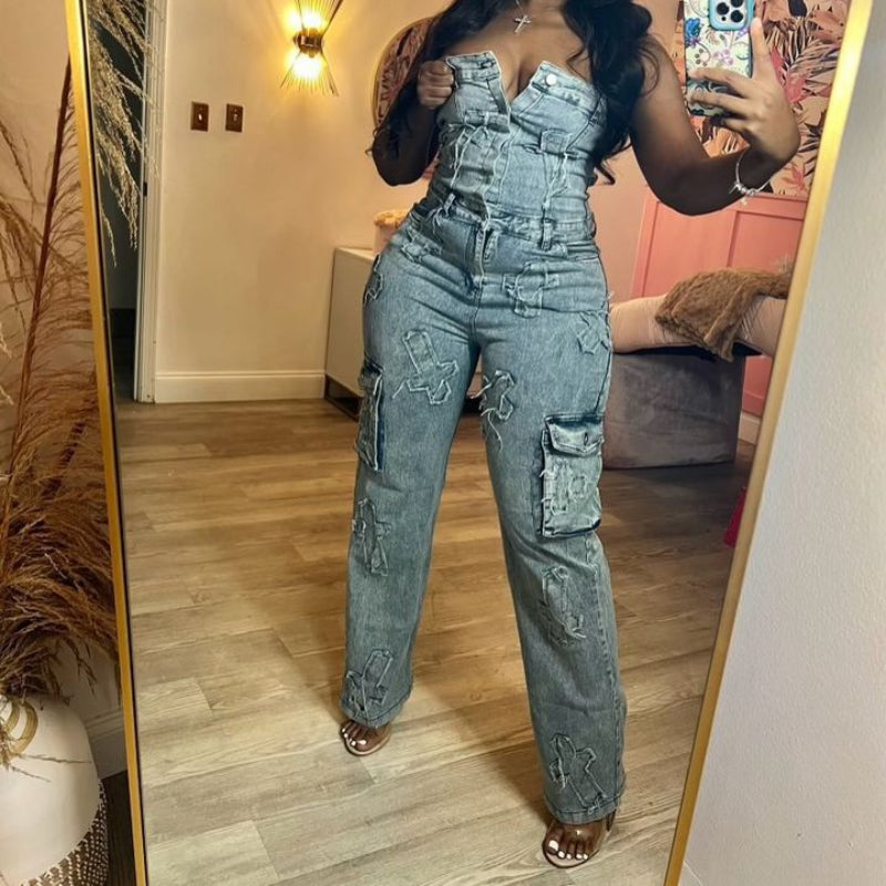 Cross Bustier & Denim Pants Set