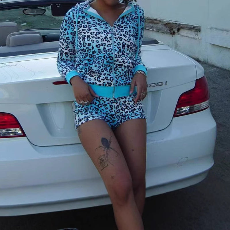 Exposed navel leopard print hoodie set