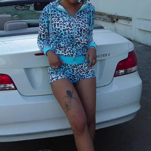 Exposed navel leopard print hoodie set