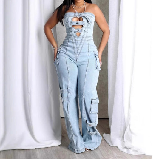 Denim Jumpsuit Corset Cargo Pants