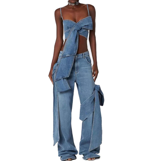Bow bandeau distressed jeans set