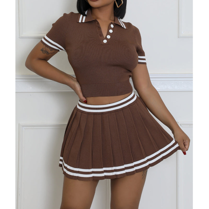 Color-blocked Knit Crop Polo Top with Skirt