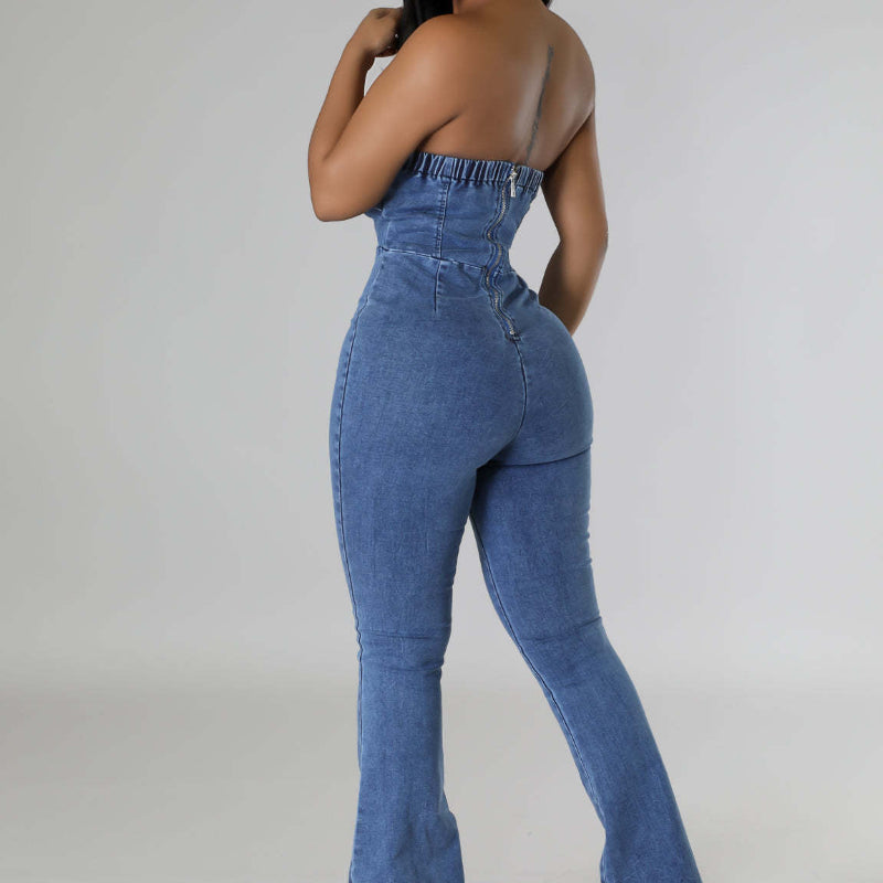 Bandeau backless drawstring denim jumpsuit