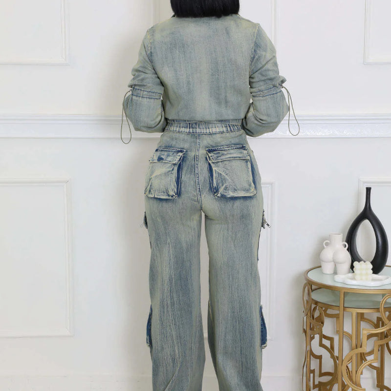 Long Sleeve Cropped Jean Jacket Cargo Pants with Pockets