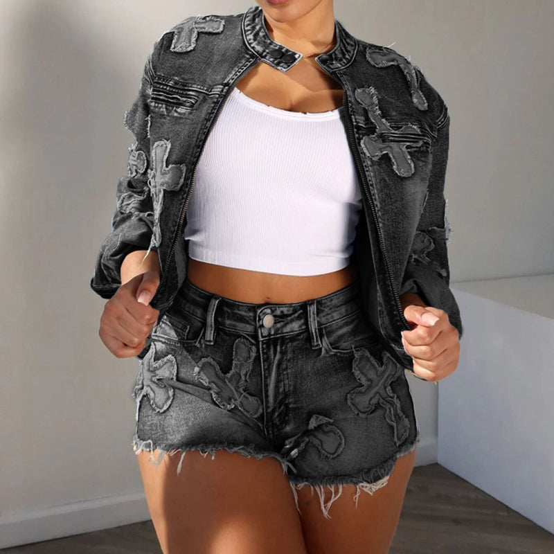 Embroidered cross stretch shorts set