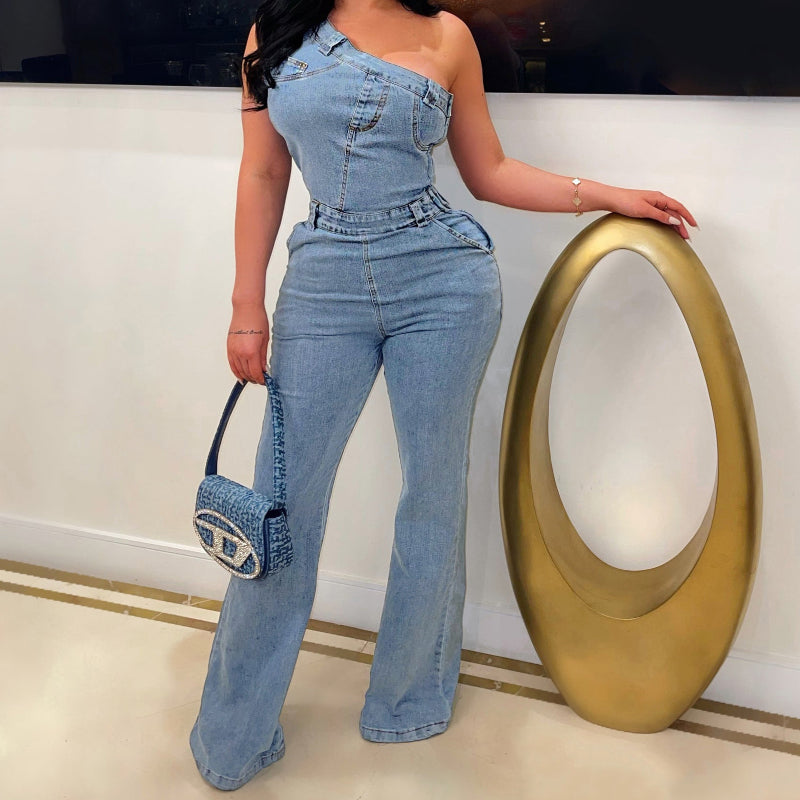 Washed Denim Jumpsuit Flared Leg