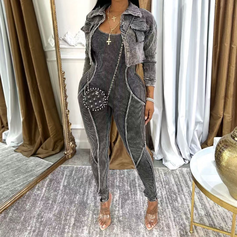 Vintage Washed Jumpsuit Casual Set