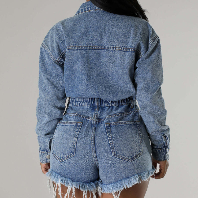 Ripped fringe loose washed denim jumpsuit