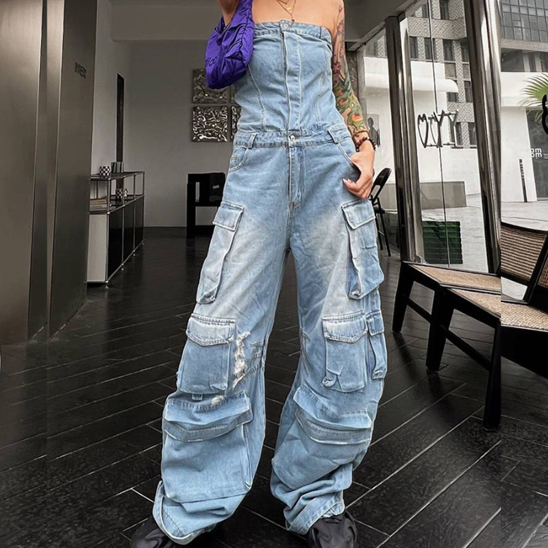 Denim Cargo Jumpsuit