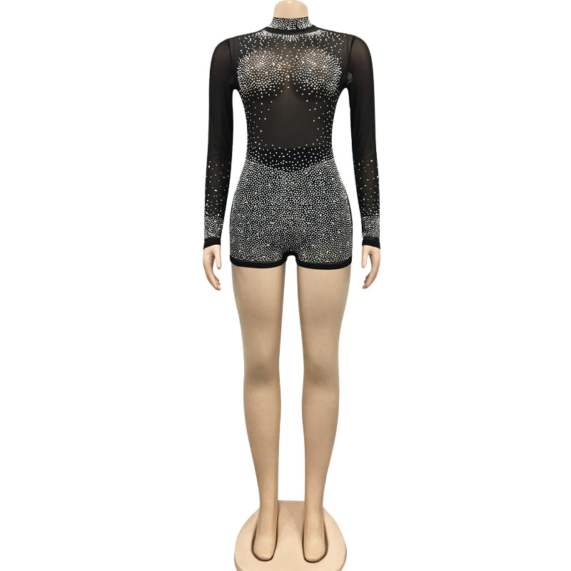 Hotfix Rhinestone Sheer Jumpsuit