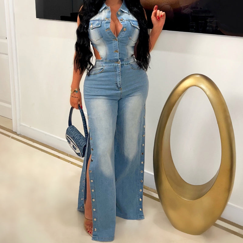Washed denim loose straight jumpsuit
