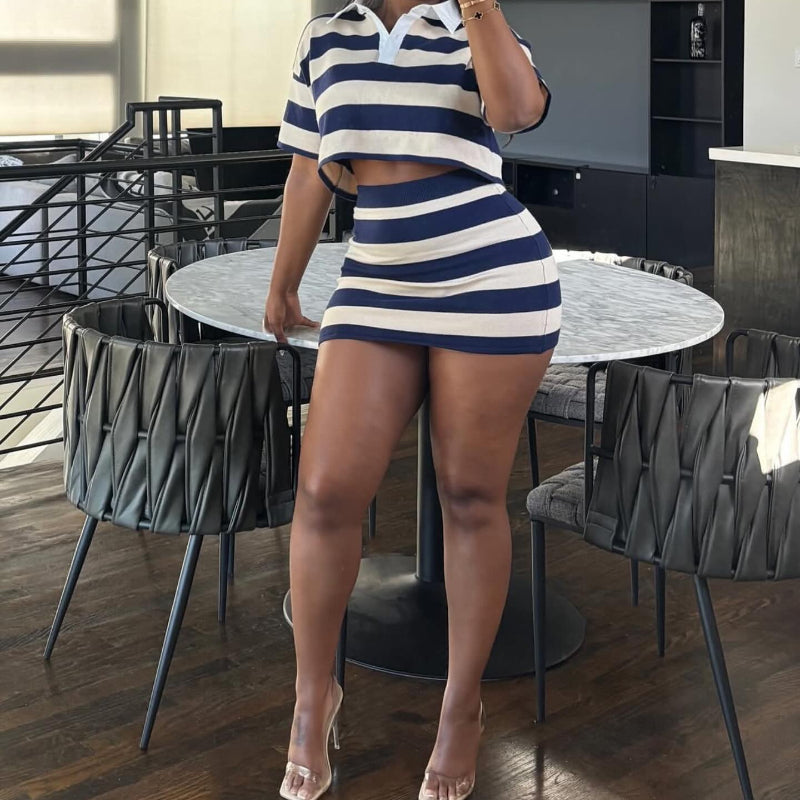 Striped Color-Blocking  Bodycon Mini Skirt Set