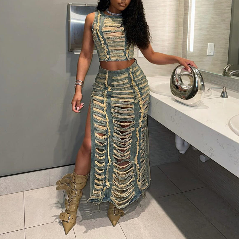 Ripped vest high-slit denim skirt set