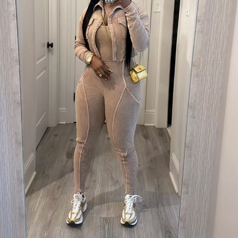 Vintage Washed Jumpsuit Casual Set