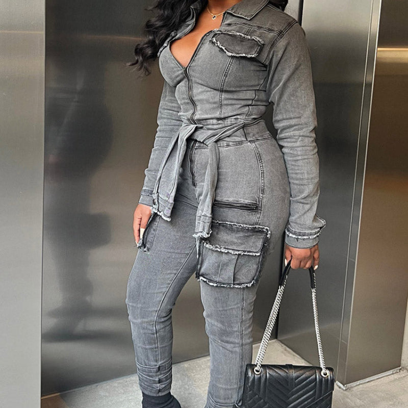 Stretch Slim-Fit Belted Jumpsuit