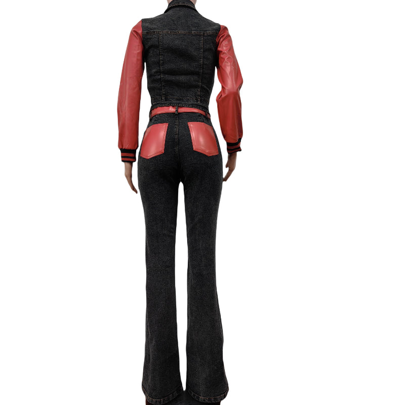 Leather  PU  Denim Patchwork Stretch Pants