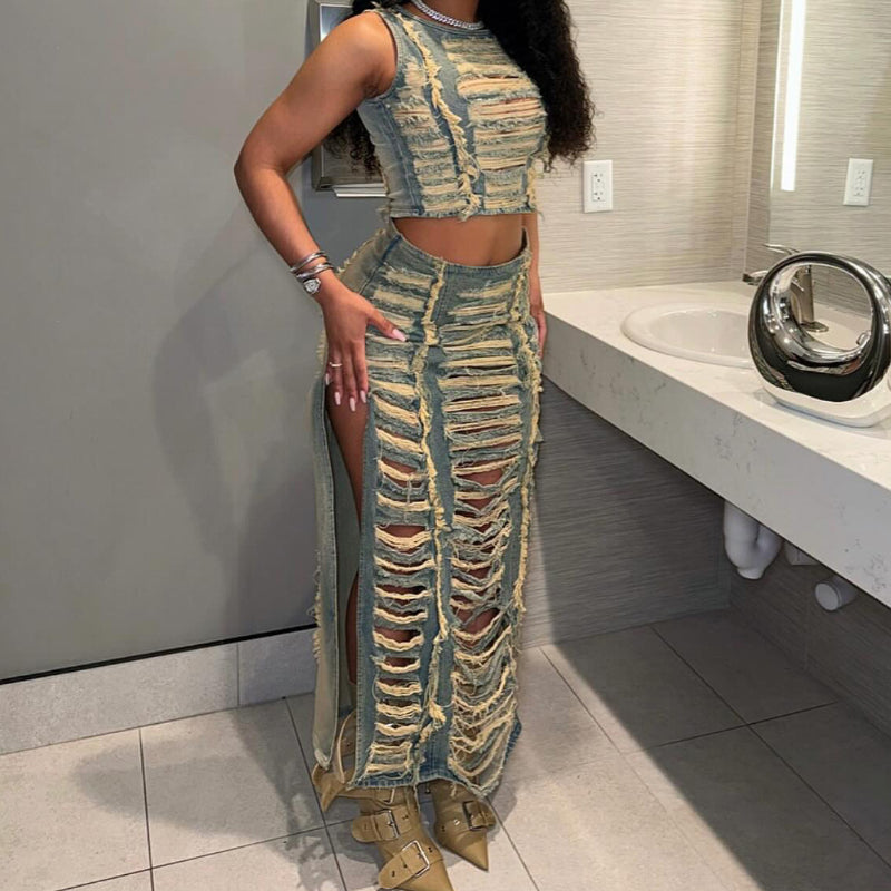 Ripped vest high-slit denim skirt set