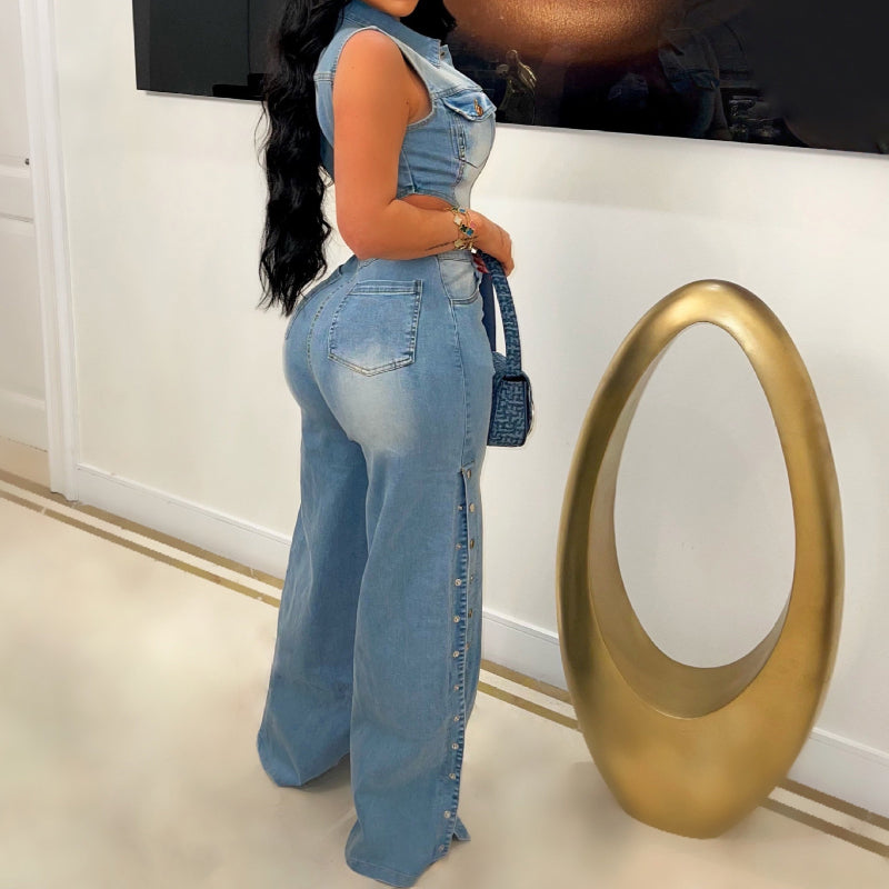 Washed denim loose straight jumpsuit