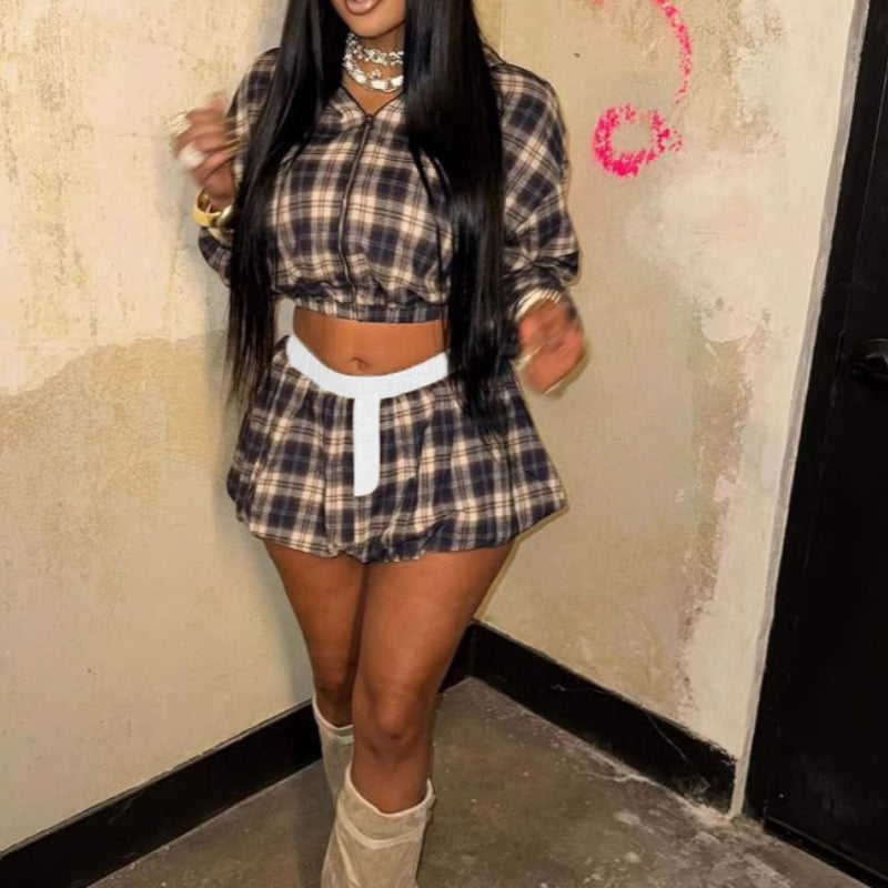 Plaid Print Zipped Peplum Skirt Set