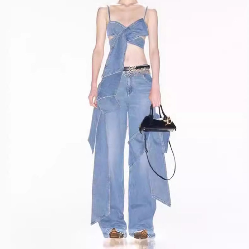 Bow bandeau distressed jeans set