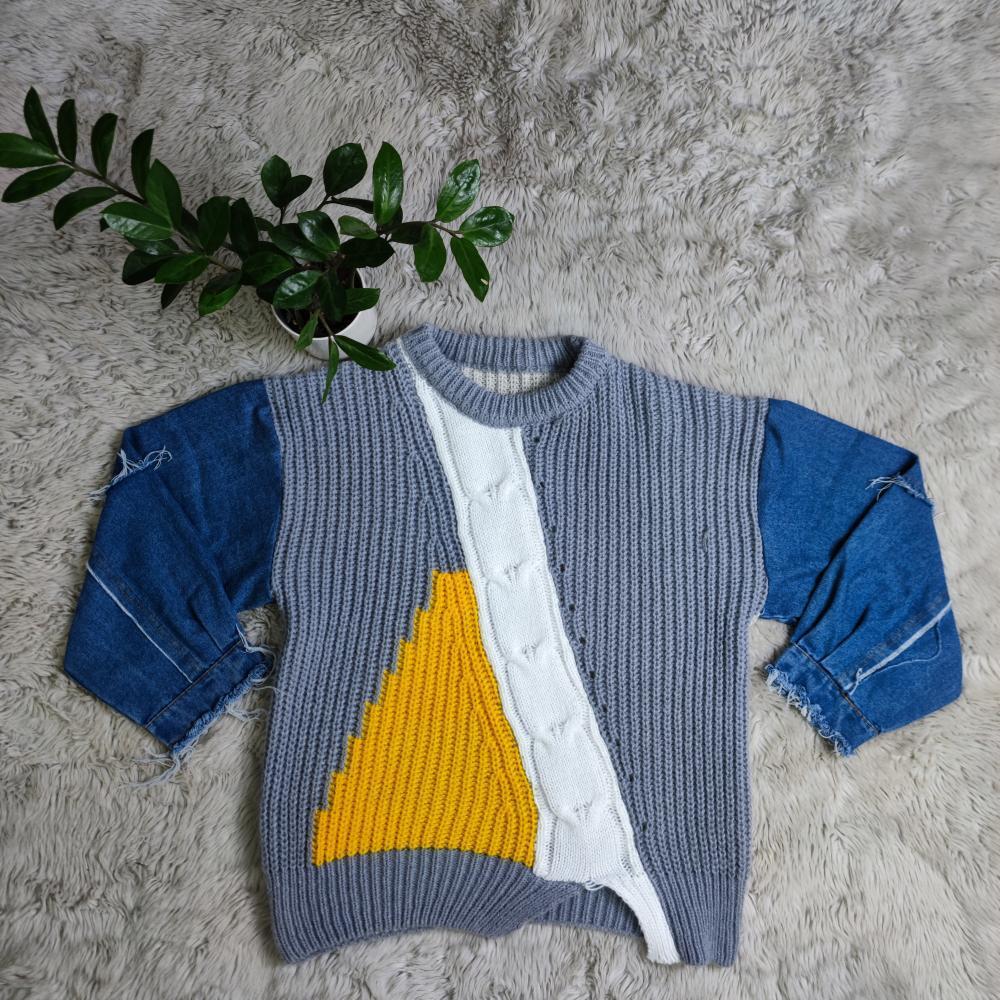 Denim patchwork knit sweater