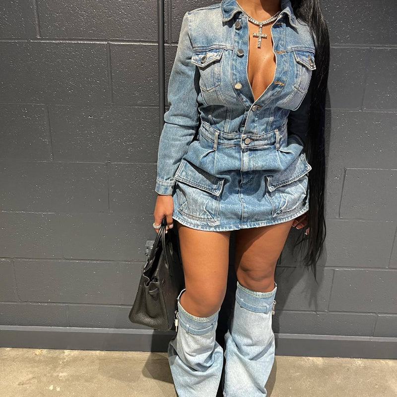 Sexy multi-pocket washed denim dress trio