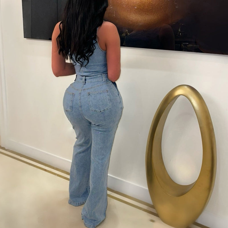 Washed Denim Jumpsuit Flared Leg