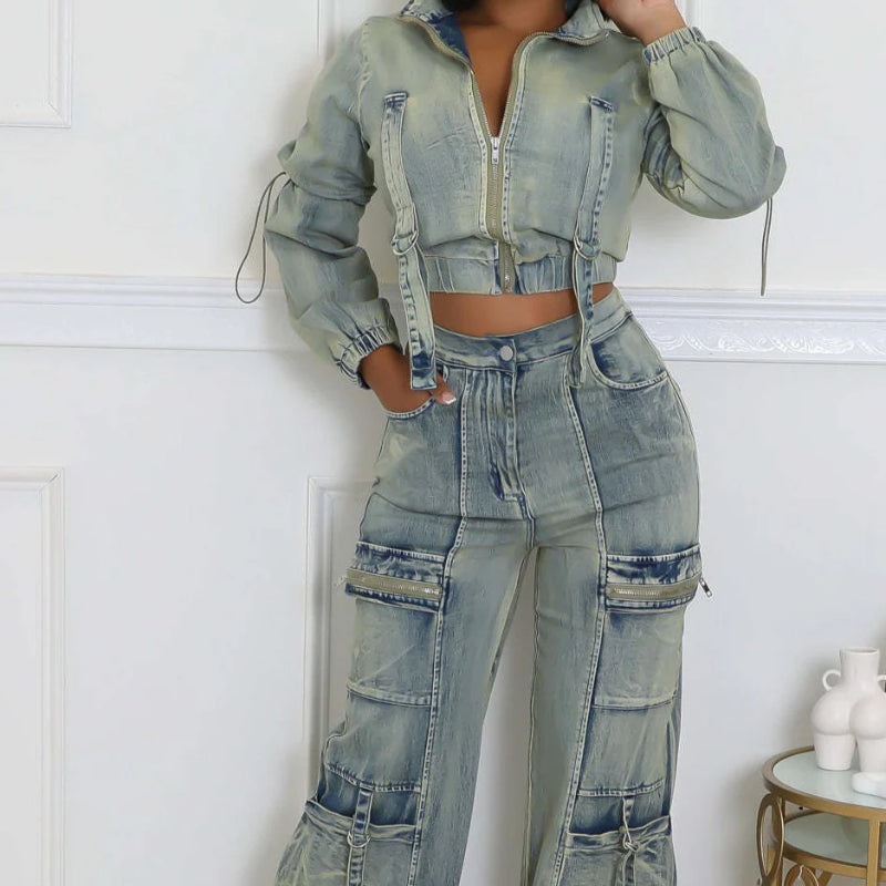 Long Sleeve Cropped Jean Jacket Cargo Pants with Pockets