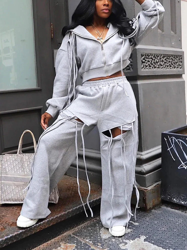 String Jacket & Cutout Pants Set