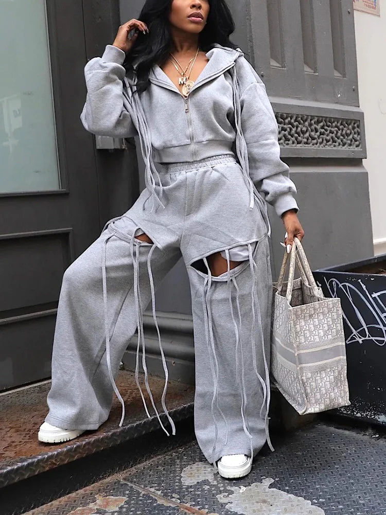 String Jacket & Cutout Pants Set