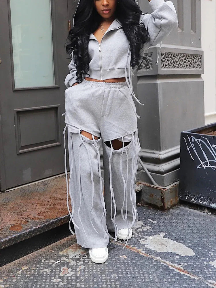 String Jacket & Cutout Pants Set